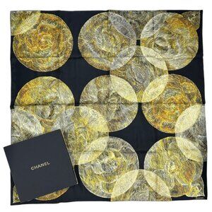 Chanel Scarf Camellia CC Logo Silk Black Yellow